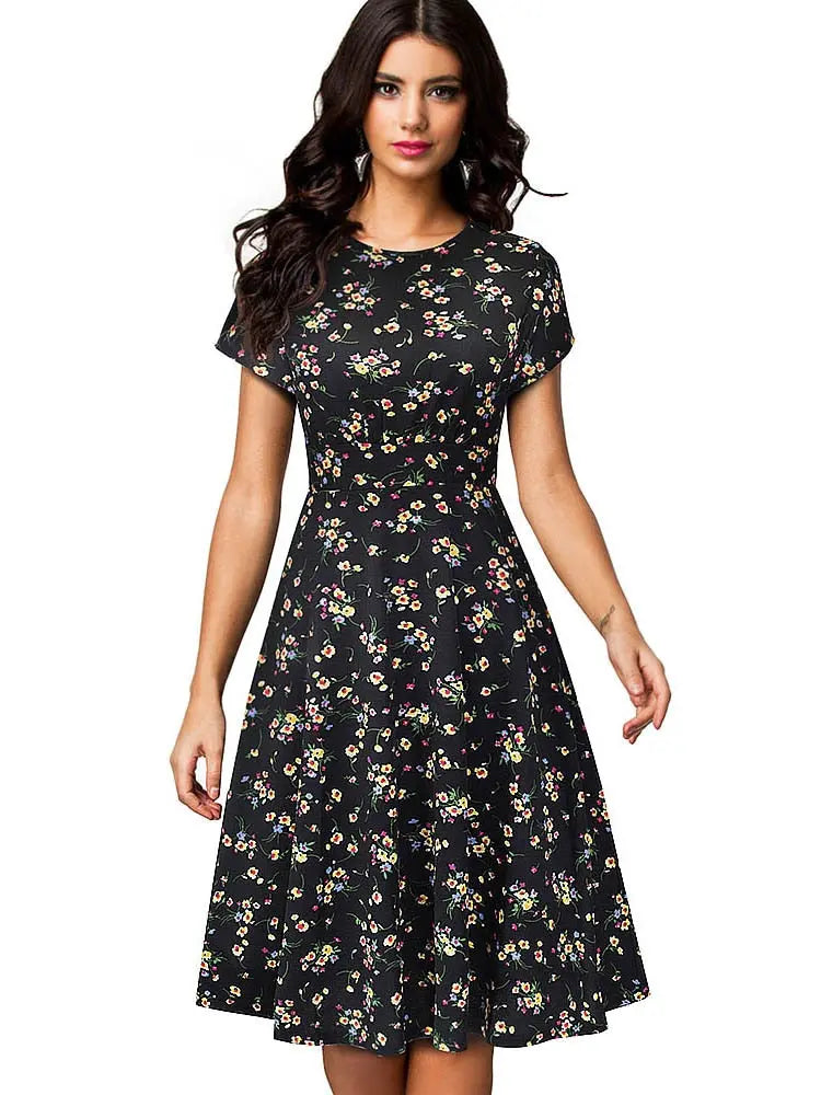 Nice-forever Vintage Elegant Floral Print Pleated Round neck vestidos A-Line Pinup Business Party Women Flare Swing Dress A102 - Image #18