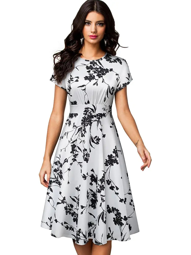 Nice-forever Vintage Elegant Floral Print Pleated Round neck vestidos A-Line Pinup Business Party Women Flare Swing Dress A102 - Image #7