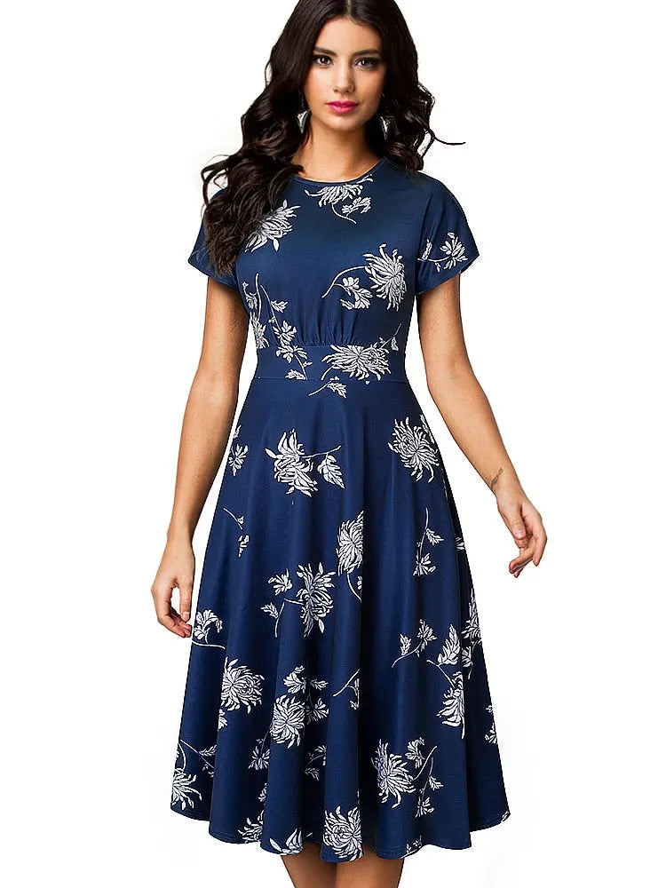 Nice-forever Vintage Elegant Floral Print Pleated Round neck vestidos A-Line Pinup Business Party Women Flare Swing Dress A102 - Image #3