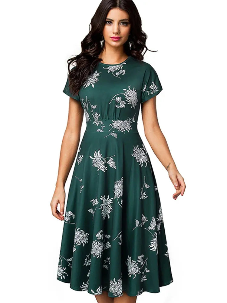 Nice-forever Vintage Elegant Floral Print Pleated Round neck vestidos A-Line Pinup Business Party Women Flare Swing Dress A102 - Image #25