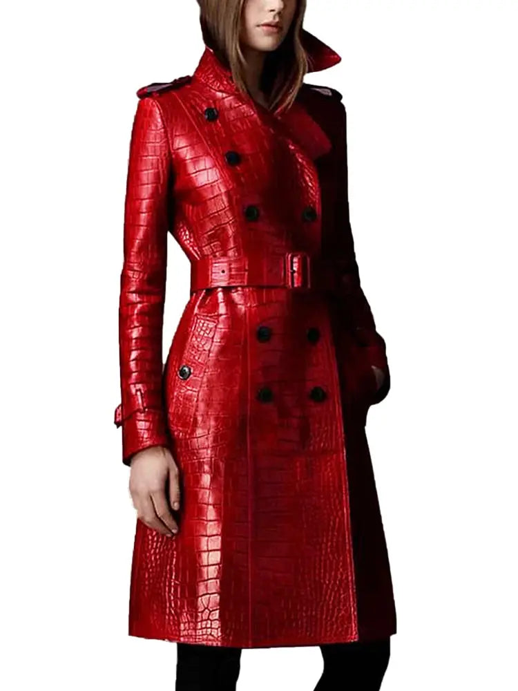 Lautaro Autumn Long Red Crocodile Print Leather Trench Coat for Women Belt Double Breasted Elegant British Style Fashion 2021 - Image #4