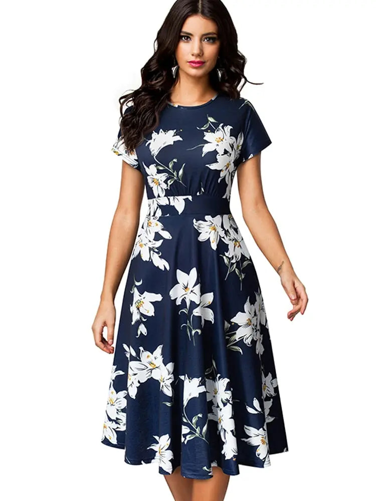 Nice-forever Vintage Elegant Floral Print Pleated Round neck vestidos A-Line Pinup Business Party Women Flare Swing Dress A102 - Image #4