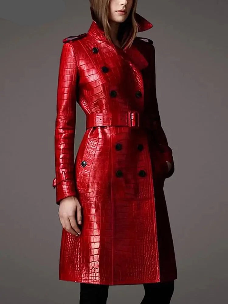 Lautaro Autumn Long Red Crocodile Print Leather Trench Coat for Women Belt Double Breasted Elegant British Style Fashion 2021 - Image #3