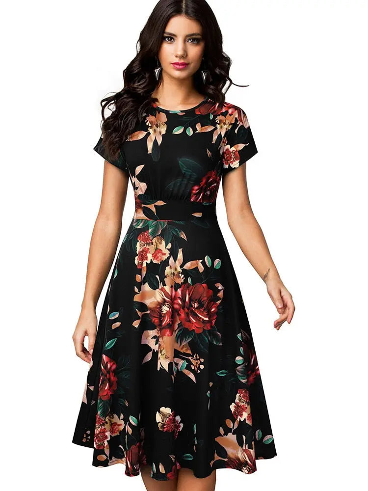 Nice-forever Vintage Elegant Floral Print Pleated Round neck vestidos A-Line Pinup Business Party Women Flare Swing Dress A102 - Image #16