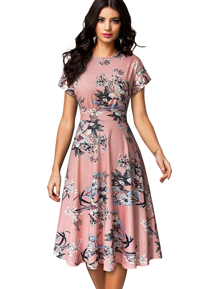 Nice-forever Vintage Elegant Floral Print Pleated Round neck vestidos A-Line Pinup Business Party Women Flare Swing Dress A102 - Image #8