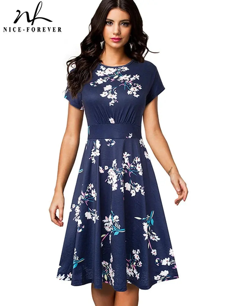 Nice-forever Vintage Elegant Floral Print Pleated Round neck vestidos A-Line Pinup Business Party Women Flare Swing Dress A102 - Image #1