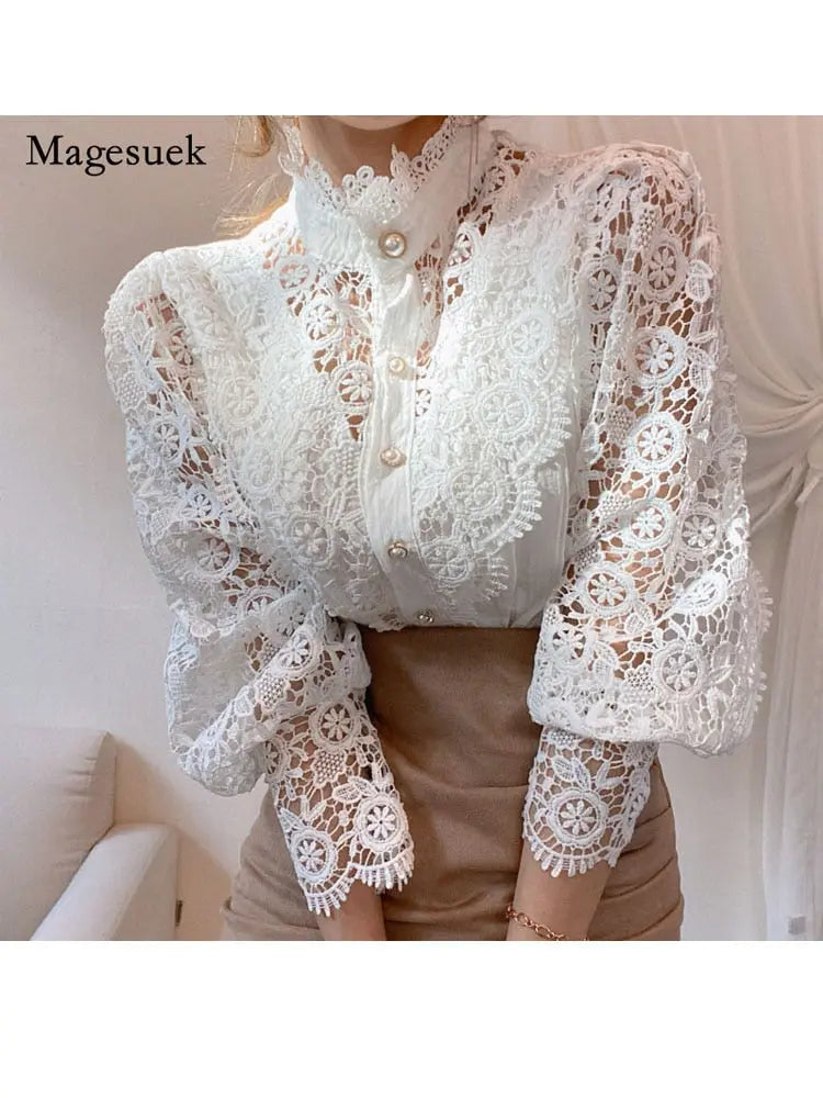 Petal Sleeve Stand Collar Hollow Out Flower Lace Patchwork Shirt Femme Blusas All-match Women Lace Blouse Button White Top 12419 - Image #1