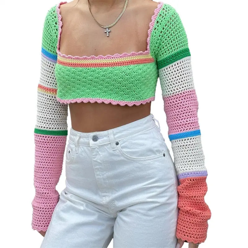 Women Summer Crop Tops Splicing Crochet Square Neck Long Sleeves Knitted T-shirt Tops 2021 Streetwear for Girls Green - Image #3