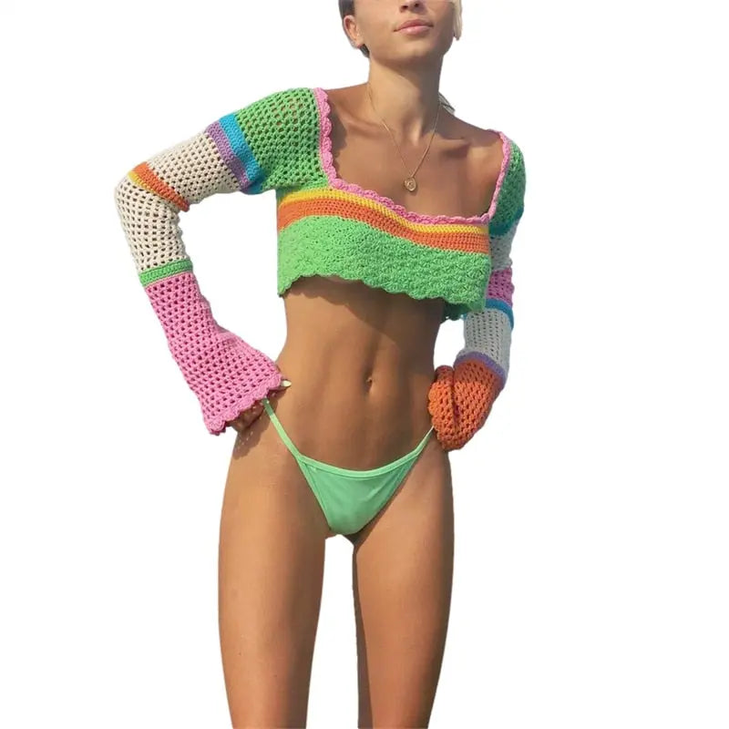 Women Summer Crop Tops Splicing Crochet Square Neck Long Sleeves Knitted T-shirt Tops 2021 Streetwear for Girls Green - Image #9