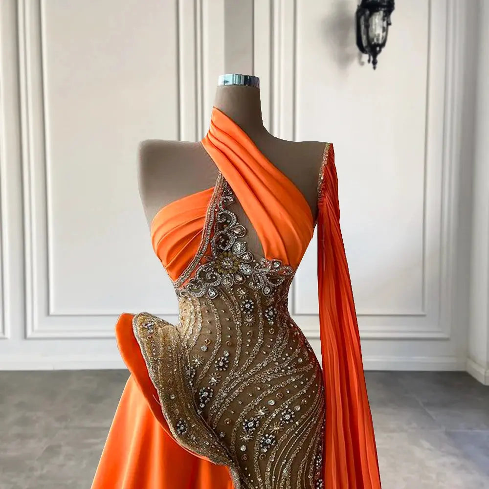 See Through Luxury Beaded Crystals Sparkly Orange Dubai Women Long Evening Dresses 2022 - Image #2