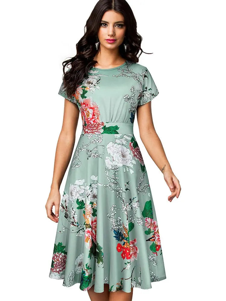 Nice-forever Vintage Elegant Floral Print Pleated Round neck vestidos A-Line Pinup Business Party Women Flare Swing Dress A102 - Image #12