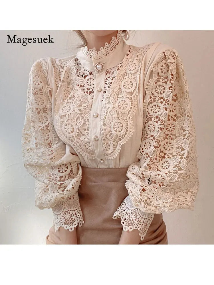 Petal Sleeve Stand Collar Hollow Out Flower Lace Patchwork Shirt Femme Blusas All-match Women Lace Blouse Button White Top 12419 - Image #5