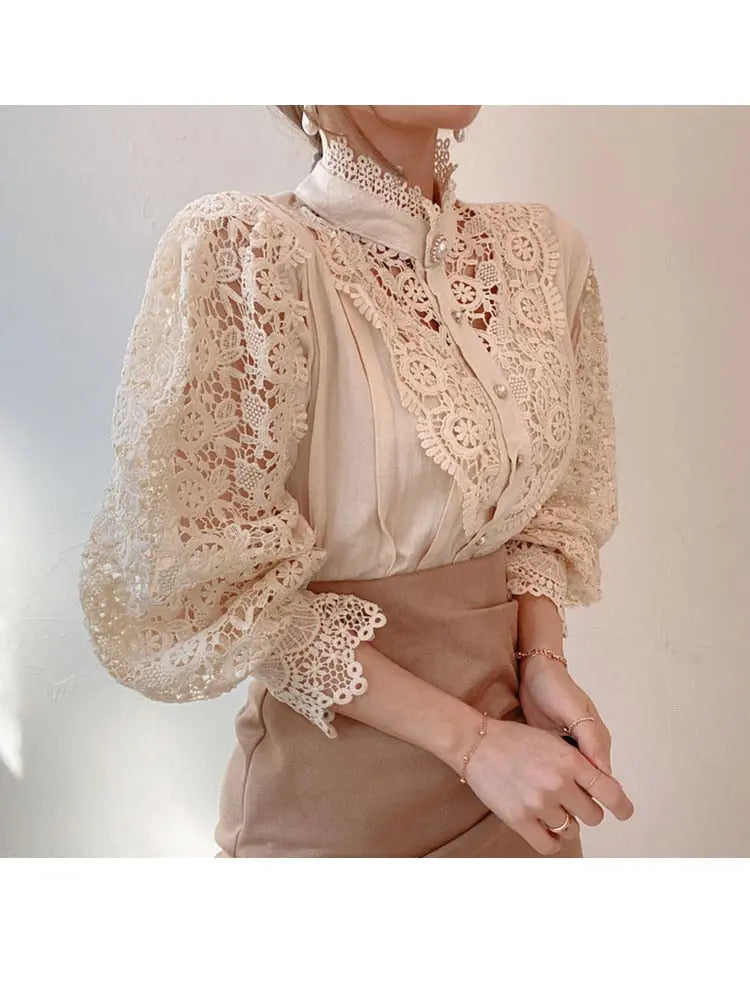 Petal Sleeve Stand Collar Hollow Out Flower Lace Patchwork Shirt Femme Blusas All-match Women Lace Blouse Button White Top 12419 - Image #7