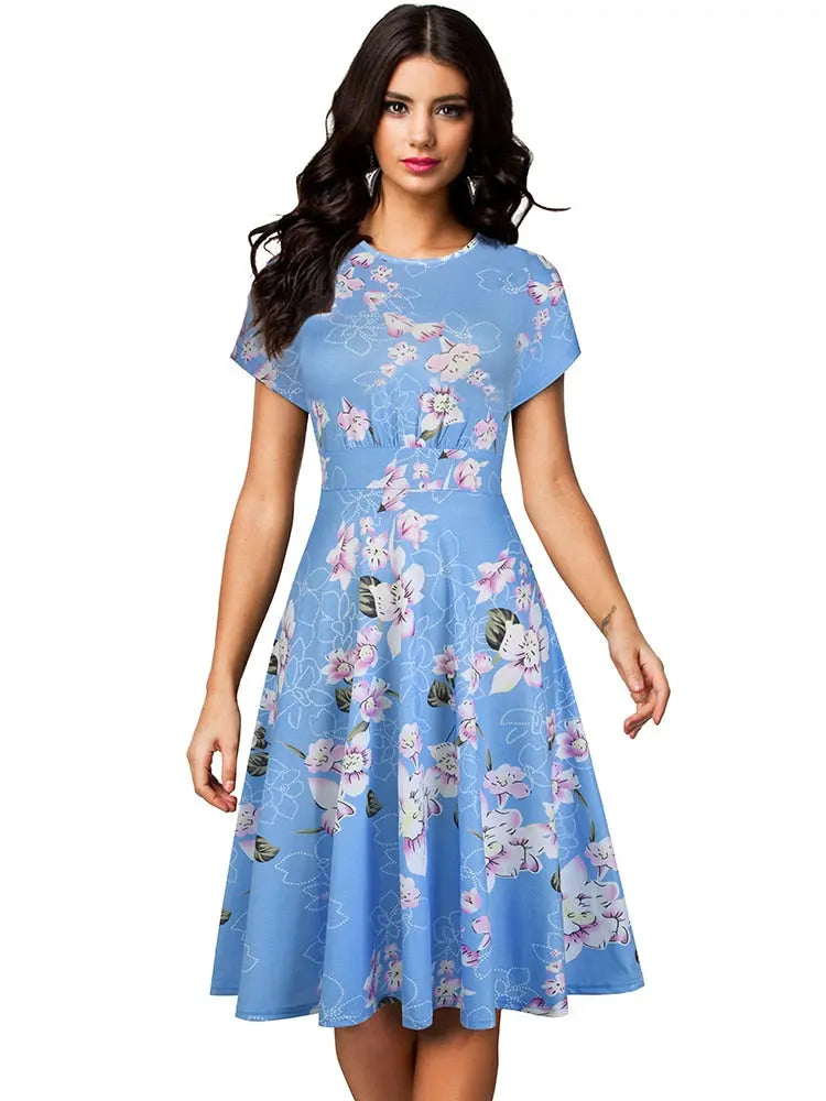 Nice-forever Vintage Elegant Floral Print Pleated Round neck vestidos A-Line Pinup Business Party Women Flare Swing Dress A102 - Image #23