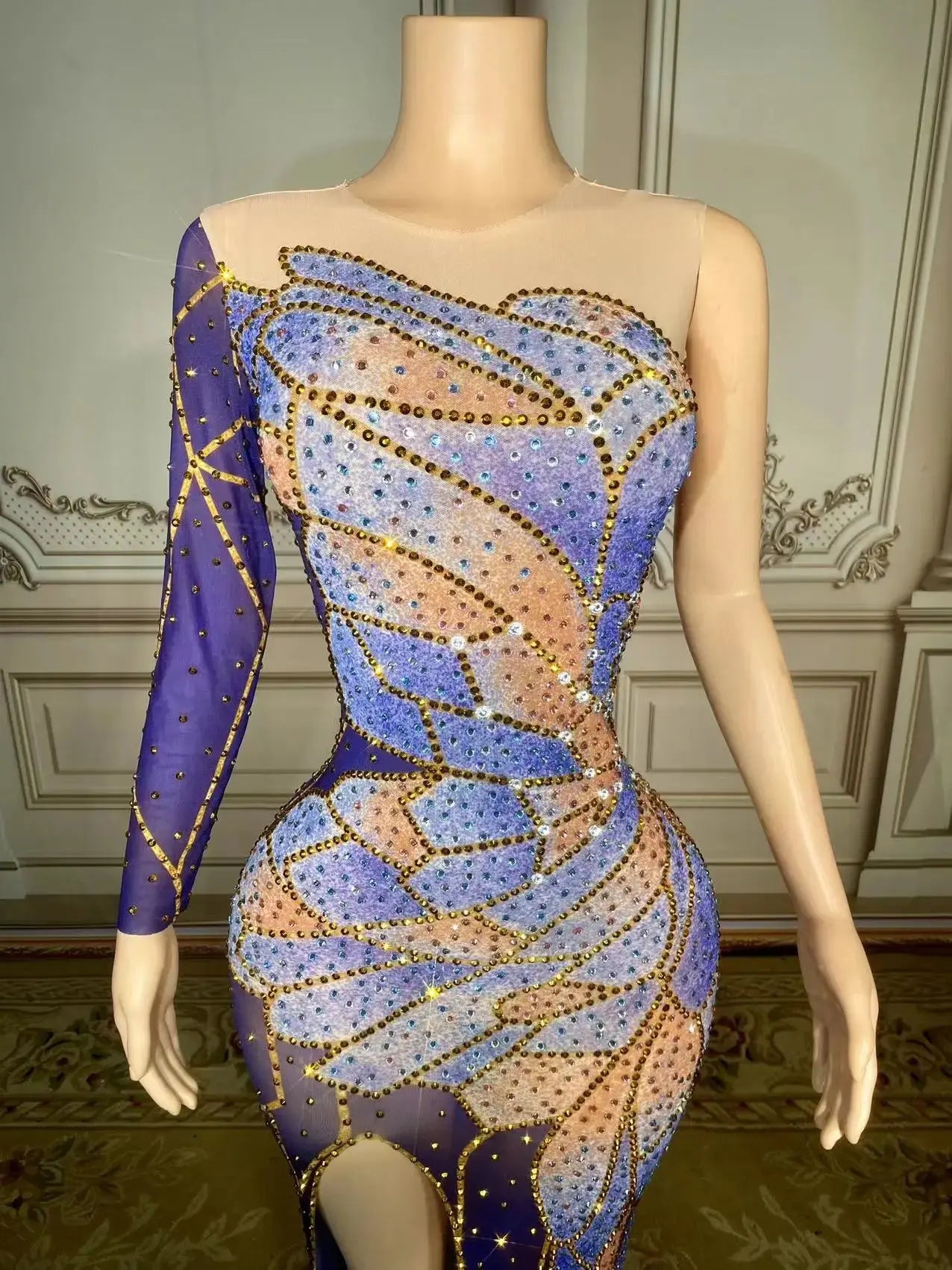 ZD Single Sleeved Colorful Rhinestones Dress Women Party Long Dress Celebrate Evening Prom Dress Stage Festival Outfit - Image #2