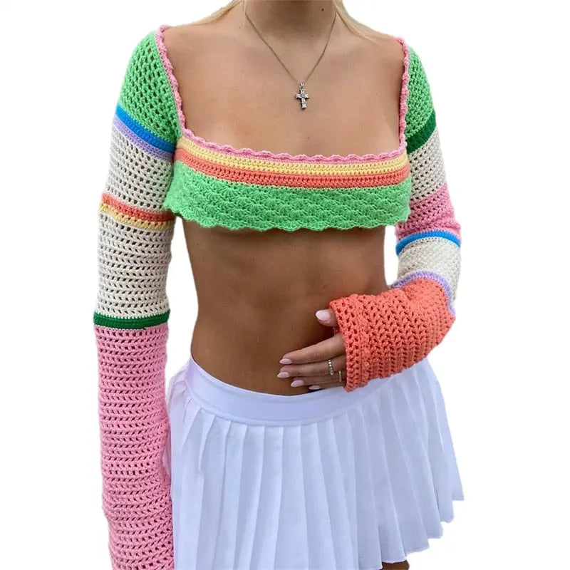 Women Summer Crop Tops Splicing Crochet Square Neck Long Sleeves Knitted T-shirt Tops 2021 Streetwear for Girls Green - Image #4