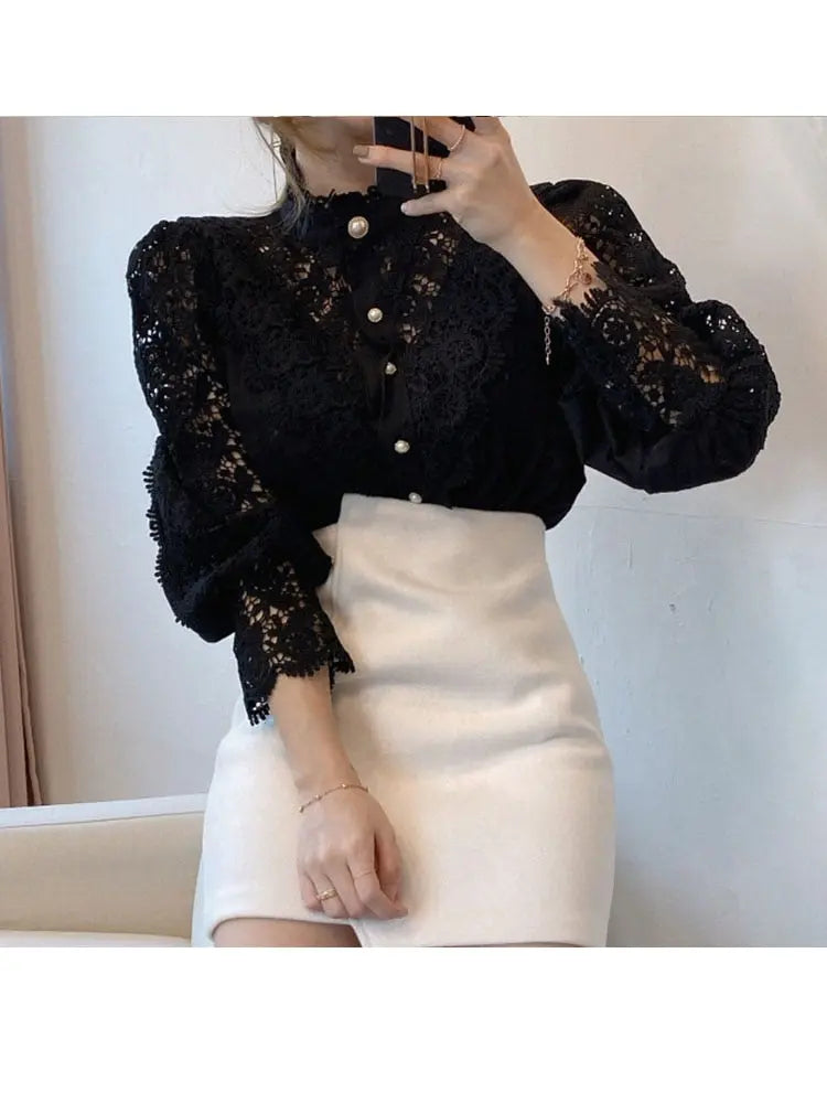 Petal Sleeve Stand Collar Hollow Out Flower Lace Patchwork Shirt Femme Blusas All-match Women Lace Blouse Button White Top 12419 - Image #2