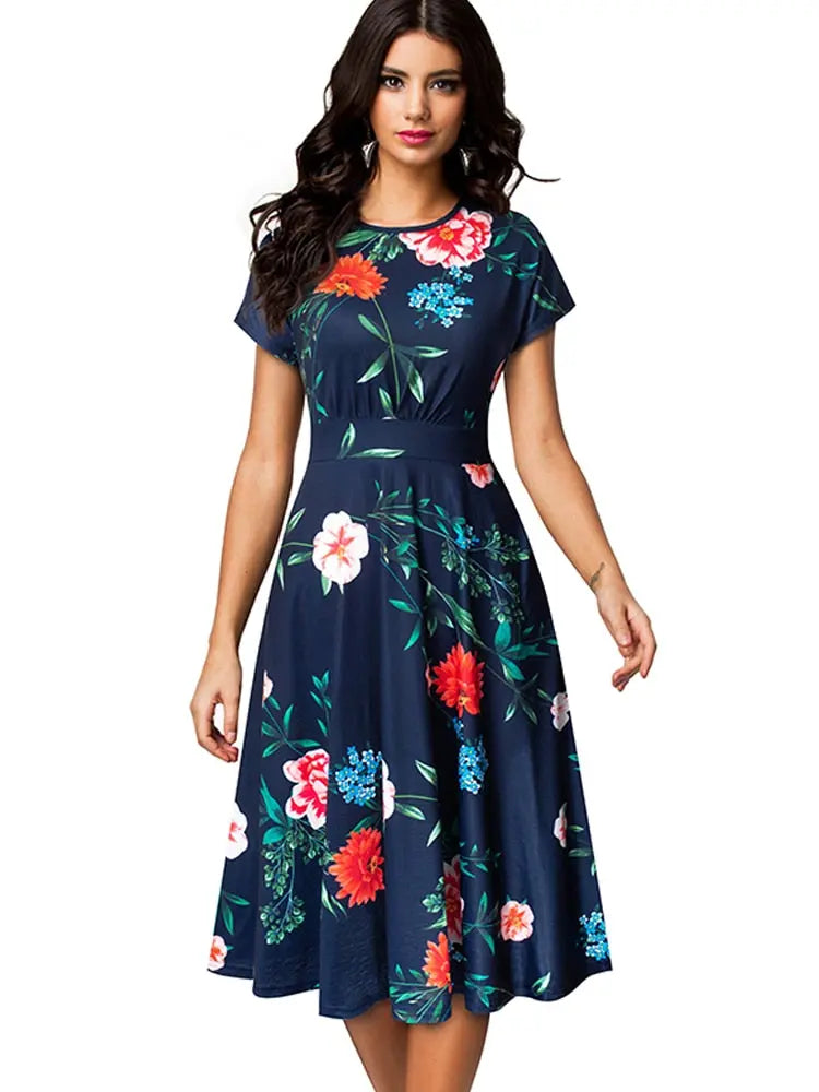 Nice-forever Vintage Elegant Floral Print Pleated Round neck vestidos A-Line Pinup Business Party Women Flare Swing Dress A102 - Image #5