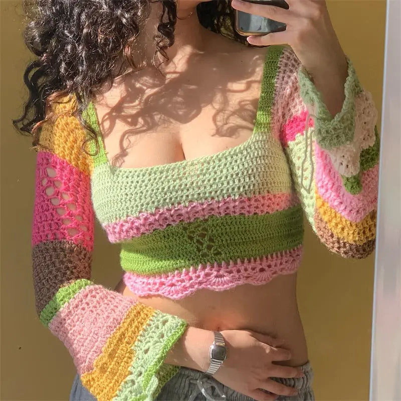 Women Summer Crop Tops Splicing Crochet Square Neck Long Sleeves Knitted T-shirt Tops 2021 Streetwear for Girls Green - Image #5