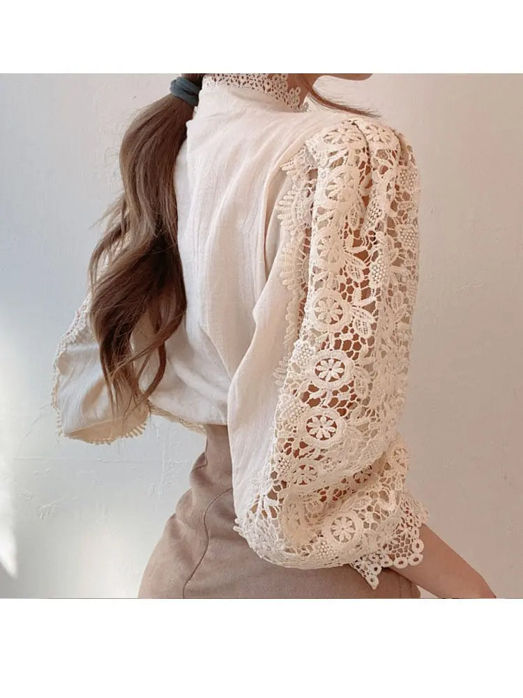 Petal Sleeve Stand Collar Hollow Out Flower Lace Patchwork Shirt Femme Blusas All-match Women Lace Blouse Button White Top 12419 - Image #8