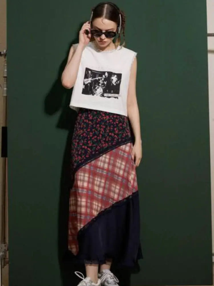 Multicolour Patchwork Skirt Flower Plaid A-line Vintage Streetwear Y2k Fairycore Harajuku - Image #6