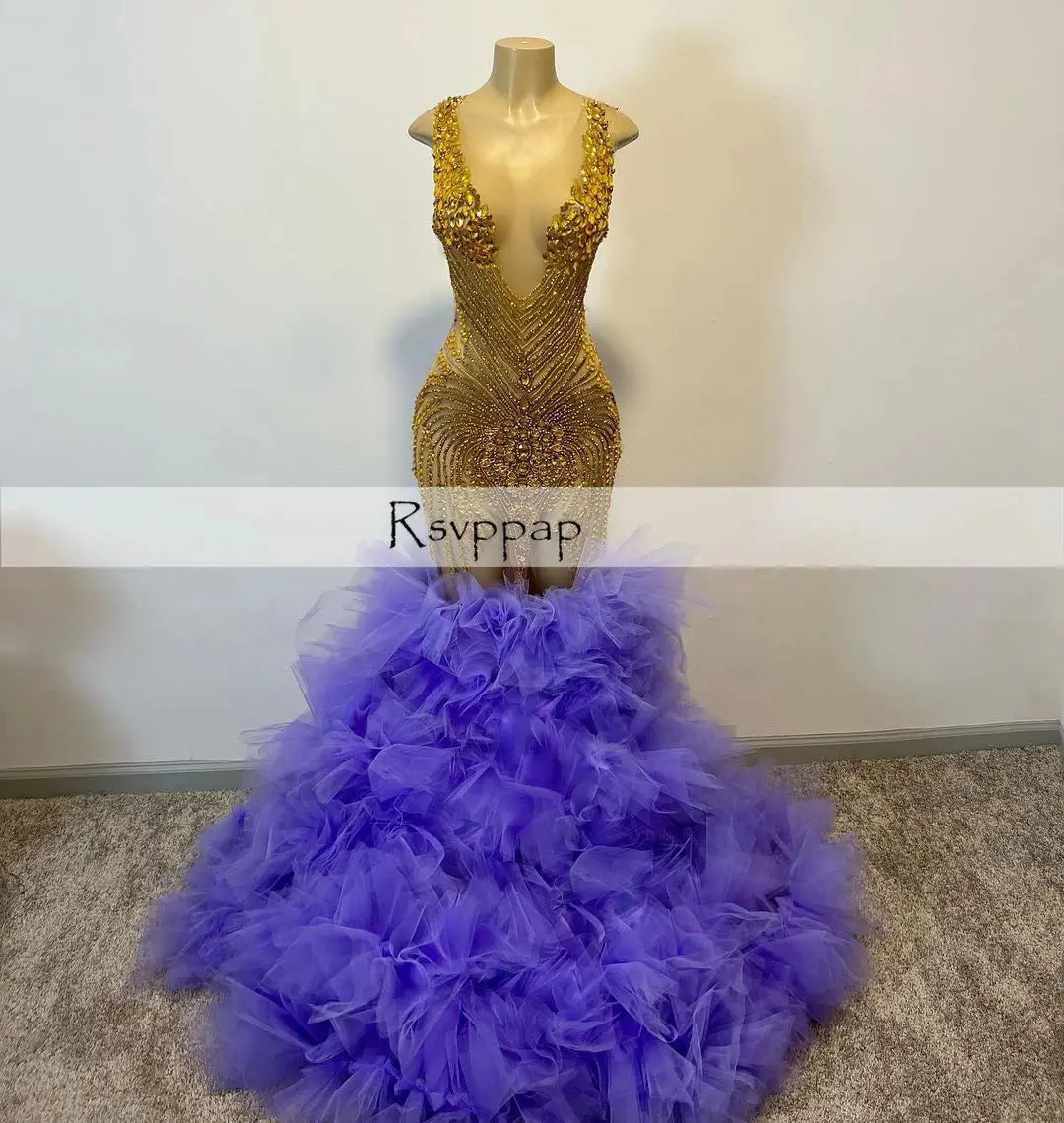 Luxury Sparkly Long Prom Dresses 2023 Mermaid Style Purple Ruffles Handmade Gold Beaded Black Girl Prom Formal Gowns - Image #2