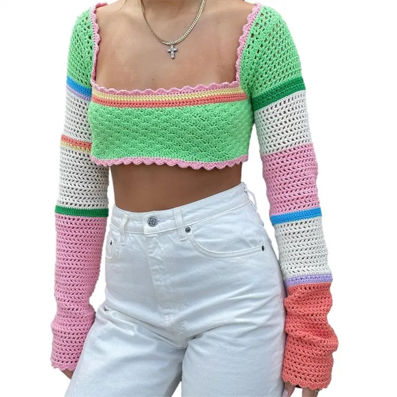 Women Summer Crop Tops Splicing Crochet Square Neck Long Sleeves Knitted T-shirt Tops 2021 Streetwear for Girls Green - Image #11