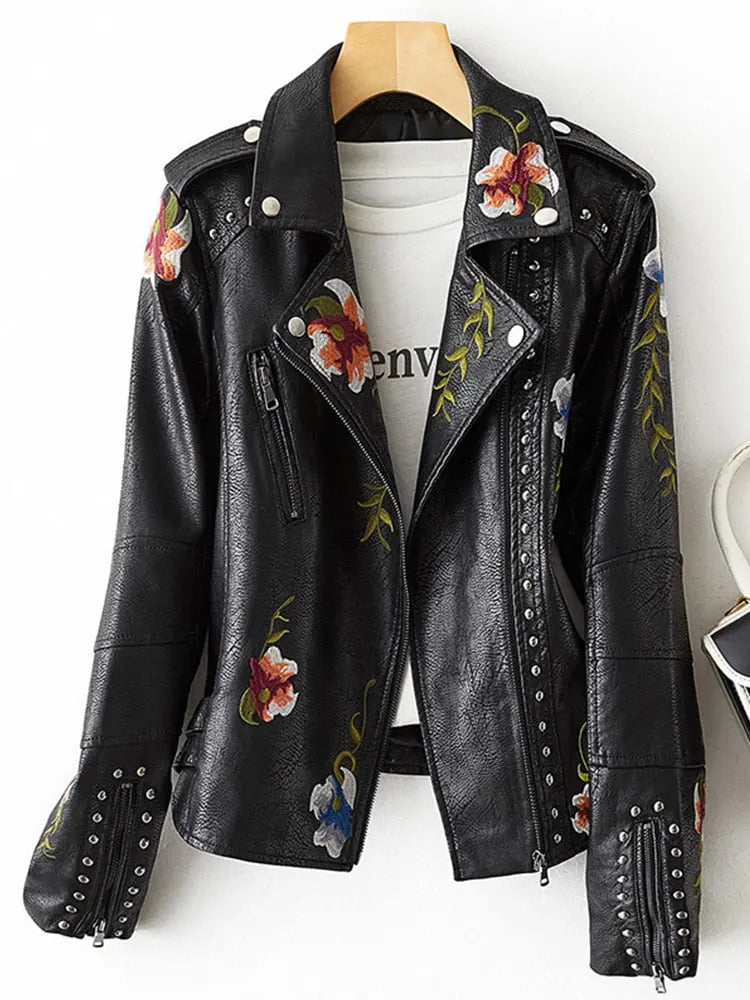 FTLZZ New Women Retro Floral Print Embroidery Faux Soft Leather Jacket Coat Turndown Collar Pu Moto Biker Black Punk Outerwear - Image #3