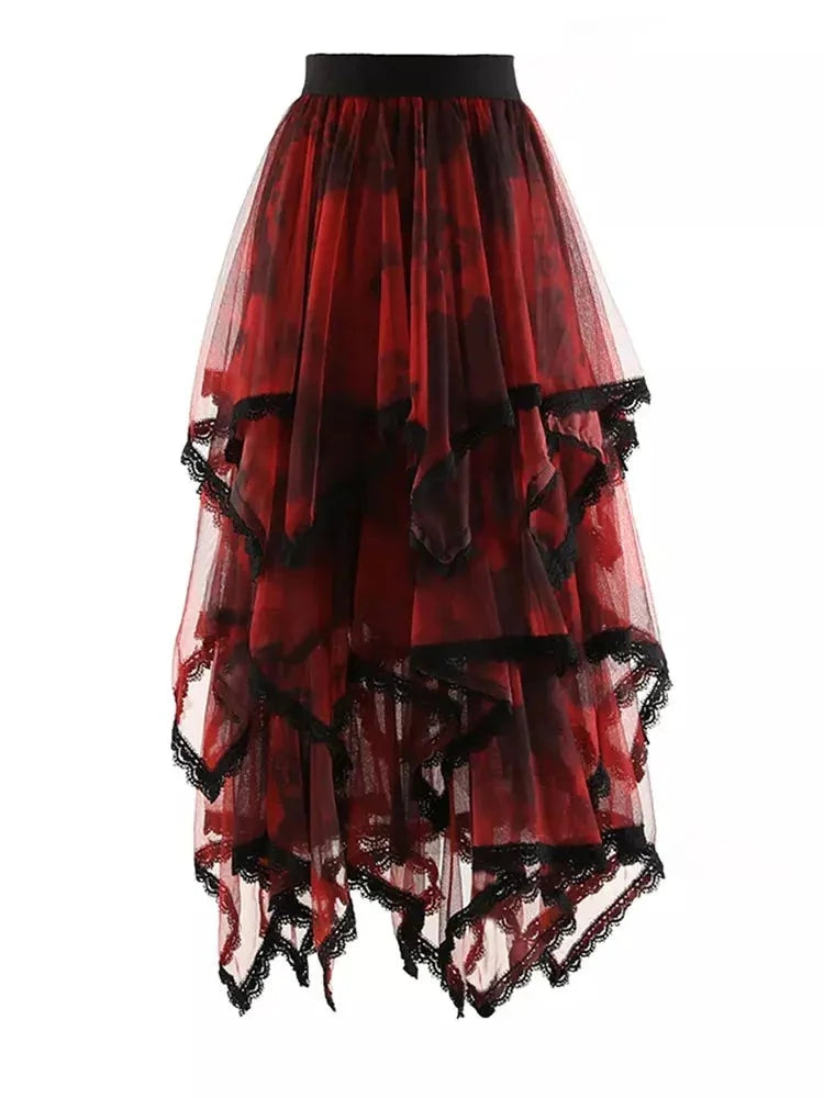 Women's High Elastic Waist Skirt Irregular Ruffles Long Mesh Half-body Fashion Tide New Spring Autumn - Image #1
