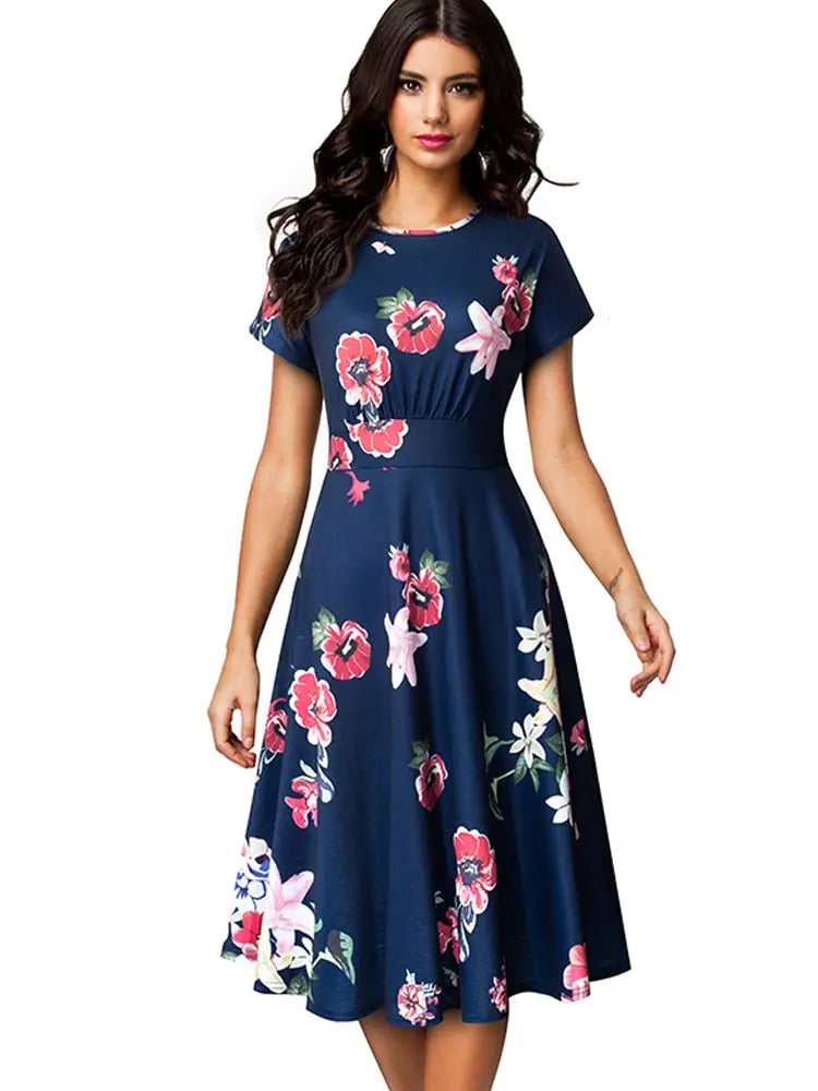 Nice-forever Vintage Elegant Floral Print Pleated Round neck vestidos A-Line Pinup Business Party Women Flare Swing Dress A102 - Image #15