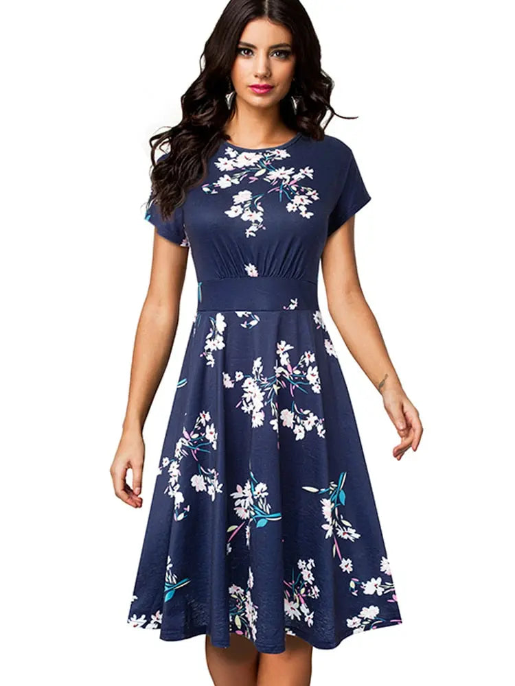Nice-forever Vintage Elegant Floral Print Pleated Round neck vestidos A-Line Pinup Business Party Women Flare Swing Dress A102 - Image #20