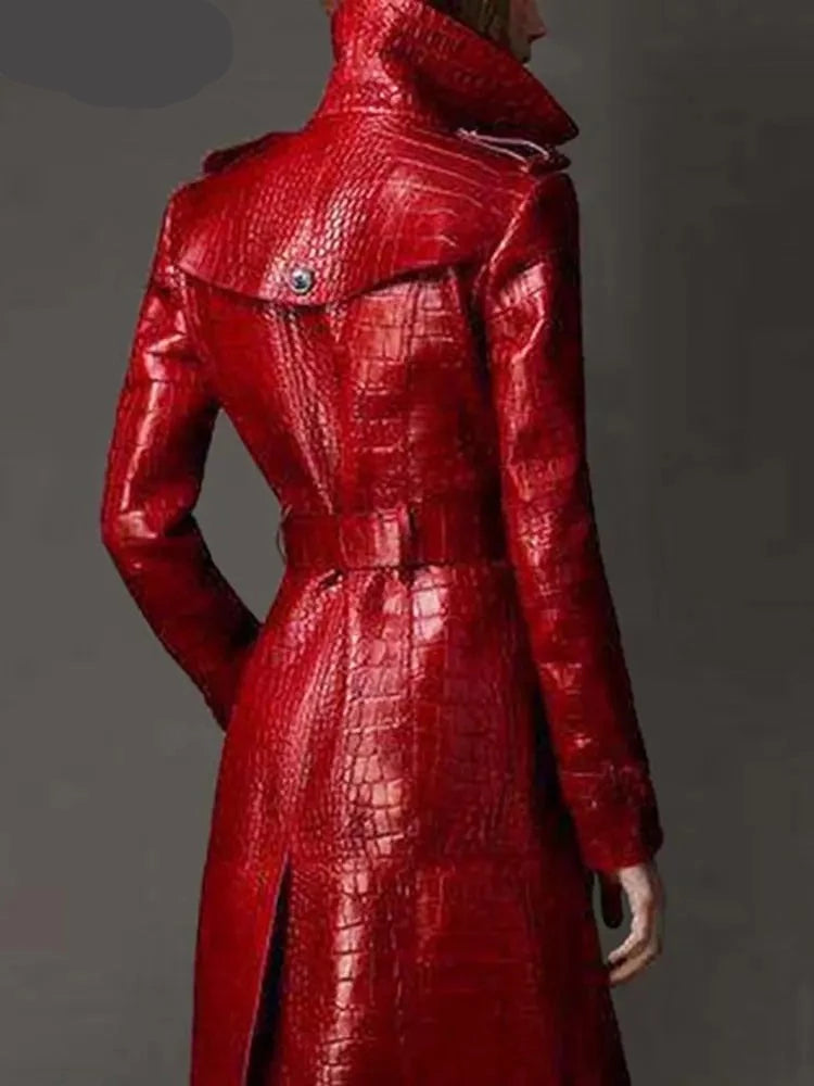Lautaro Autumn Long Red Crocodile Print Leather Trench Coat for Women Belt Double Breasted Elegant British Style Fashion 2021 - Image #8