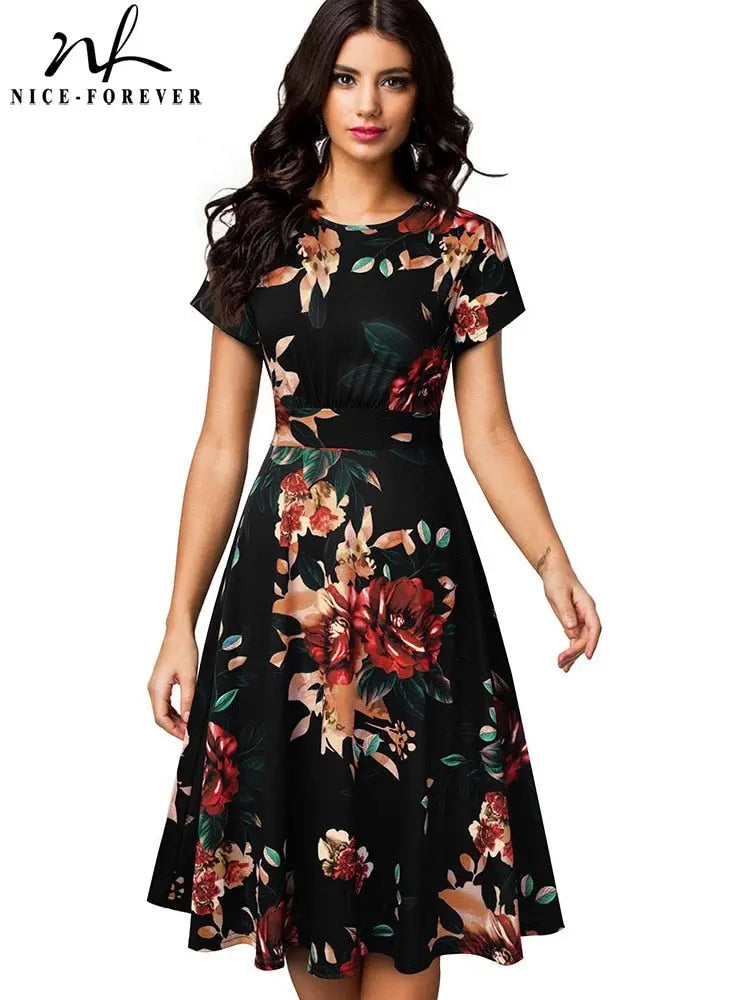 Nice-forever Vintage Elegant Floral Print Pleated Round neck vestidos A-Line Pinup Business Party Women Flare Swing Dress A102 - Image #24