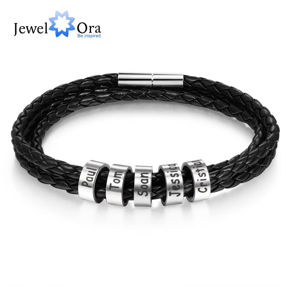 Personalized Stainless Steel Braided Rope Charm Bracelets Custom Men Leather Bracelets with 2-5 Names Beads Gift for Boyfriend - Image #1