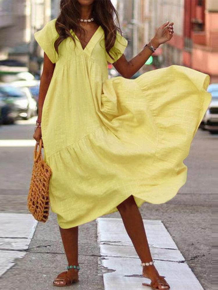 Bohemian Summer Womens Sundress ZANZEA Fashion V Neck Midi Vestidos Female Solid Ruffle Dresses Asymmetrical Robe - Image #12