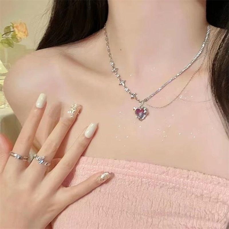 Pink Heart Shape Necklace For Women Fashion Shiny Crystal Pendant Necklace Rhinestone Chain Party Jewelry Gift - Image #21