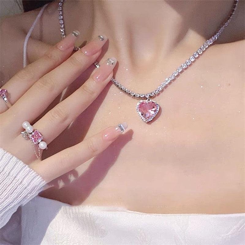 Pink Heart Shape Necklace For Women Fashion Shiny Crystal Pendant Necklace Rhinestone Chain Party Jewelry Gift - Image #22