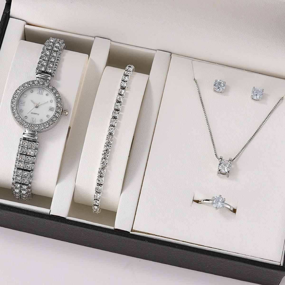6PCS Set Luxury Watch Women Ring Necklace Earrings Rhinestone Fashion Wristwatch Female Casual Ladies Watches Bracelet Set Clock - Image #15