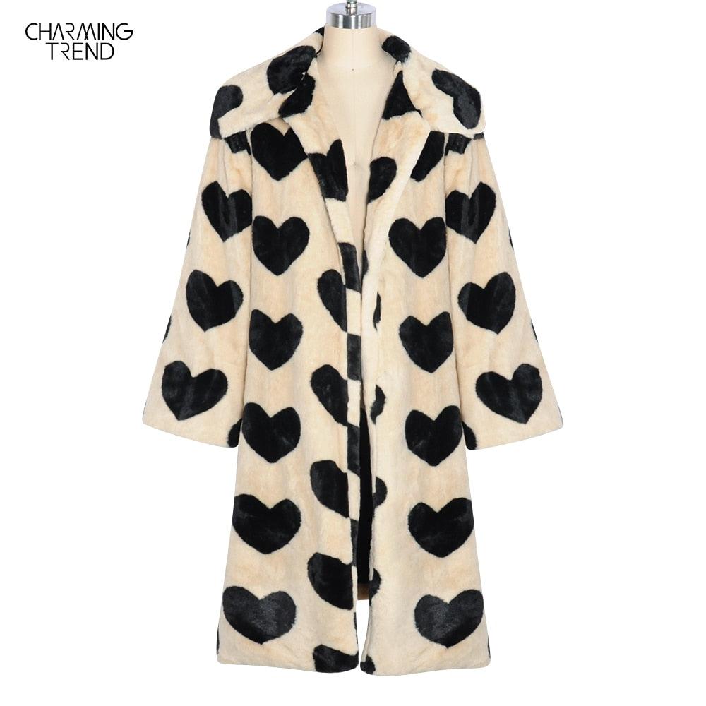 2022 Winter Women Warm Faux Fur Coat Love Pattern Women Long Coat Turn Down Collar Women Warm Plush Coat Classic Coat Loose - Image #2