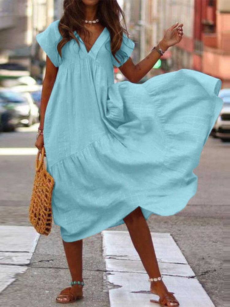 Bohemian Summer Womens Sundress ZANZEA Fashion V Neck Midi Vestidos Female Solid Ruffle Dresses Asymmetrical Robe - Image #9