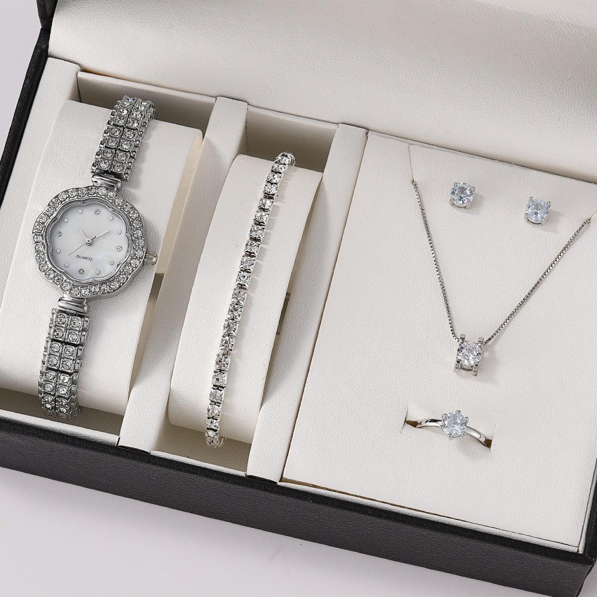 6PCS Set Luxury Watch Women Ring Necklace Earrings Rhinestone Fashion Wristwatch Female Casual Ladies Watches Bracelet Set Clock - Image #10
