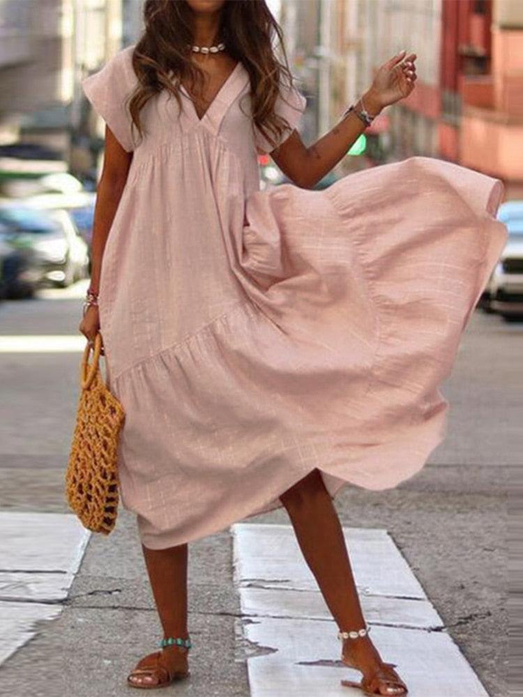 Bohemian Summer Womens Sundress ZANZEA Fashion V Neck Midi Vestidos Female Solid Ruffle Dresses Asymmetrical Robe - Image #6