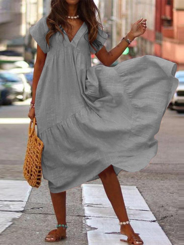 Bohemian Summer Womens Sundress ZANZEA Fashion V Neck Midi Vestidos Female Solid Ruffle Dresses Asymmetrical Robe - Image #1