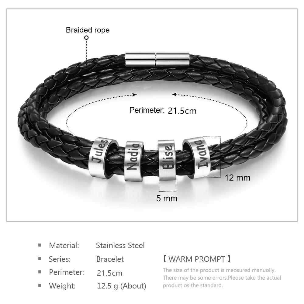Personalized Stainless Steel Braided Rope Charm Bracelets Custom Men Leather Bracelets with 2-5 Names Beads Gift for Boyfriend - Image #2