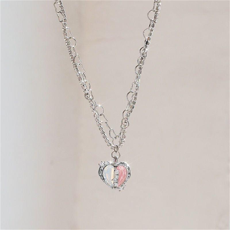 Pink Heart Shape Necklace For Women Fashion Shiny Crystal Pendant Necklace Rhinestone Chain Party Jewelry Gift - Image #5