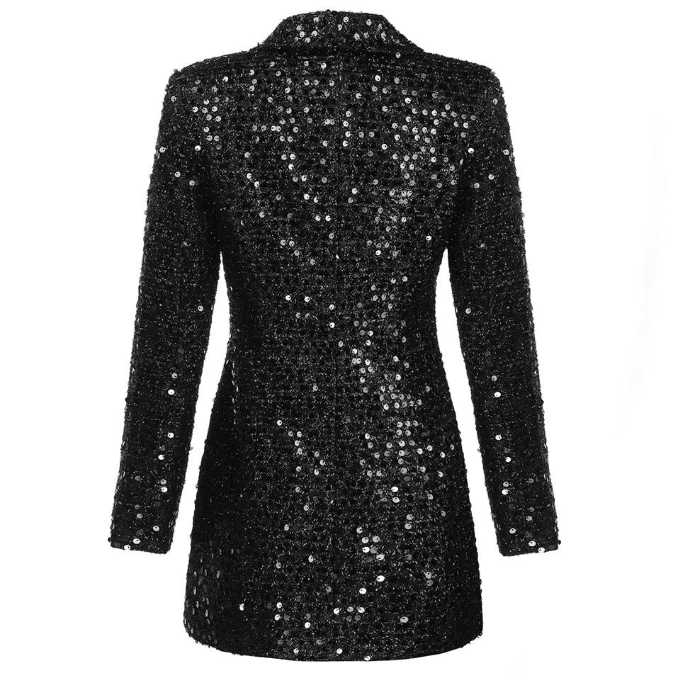 High Quality Fashion 2021 Designer Blazer Women Double Lion Buttons Shawl Collar Glitter Sequined Long Runway Black Blazers - Image #6