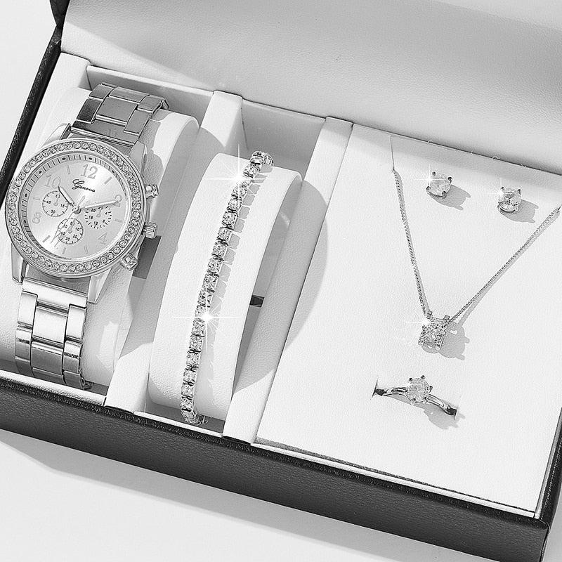 6PCS Set Luxury Watch Women Ring Necklace Earrings Rhinestone Fashion Wristwatch Female Casual Ladies Watches Bracelet Set Clock - Image #14
