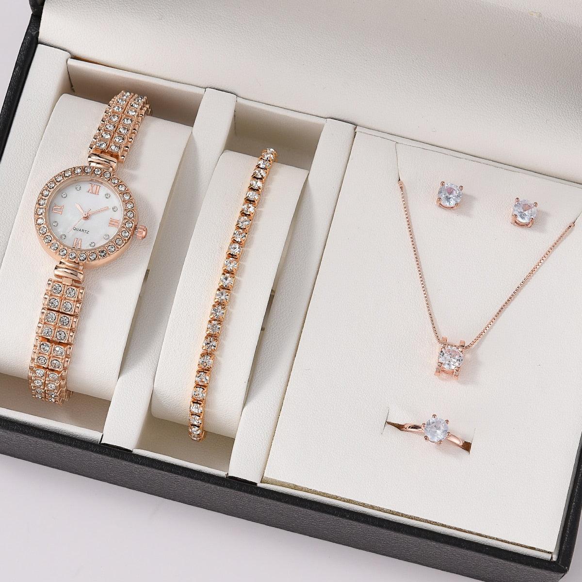 6PCS Set Luxury Watch Women Ring Necklace Earrings Rhinestone Fashion Wristwatch Female Casual Ladies Watches Bracelet Set Clock - Image #11