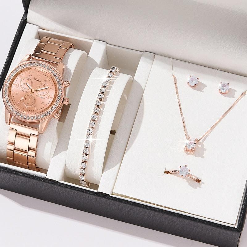 6PCS Set Luxury Watch Women Ring Necklace Earrings Rhinestone Fashion Wristwatch Female Casual Ladies Watches Bracelet Set Clock - Image #13