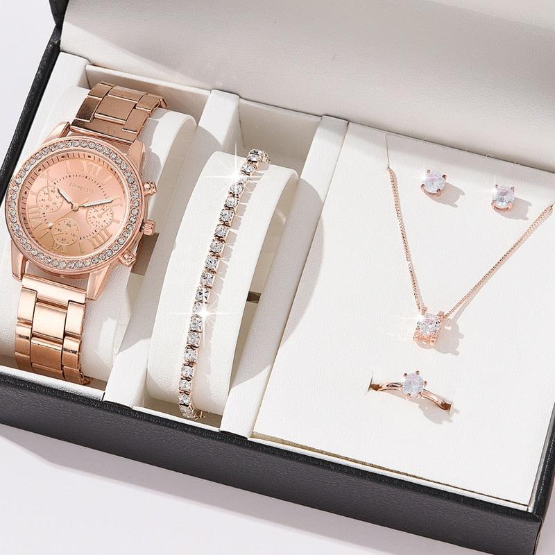 6PCS Set Luxury Watch Women Ring Necklace Earrings Rhinestone Fashion Wristwatch Female Casual Ladies Watches Bracelet Set Clock - Image #5